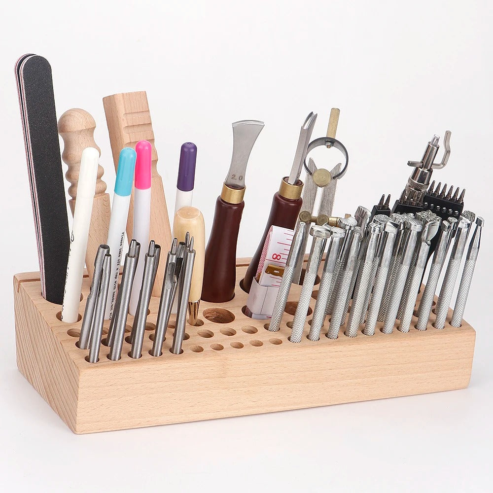 68-Hole Wooden Leather Craft Tool Holder – Professional Organizer for Leather Punch Tools and Accessories - Delicate Leather