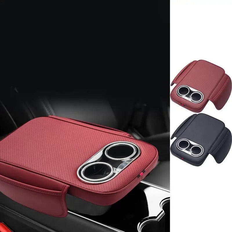 PU Leather Car Armrest Cushion with 2 Cup Holders, Side Pocket, and Heightened Center Console Pad Cover - Delicate Leather