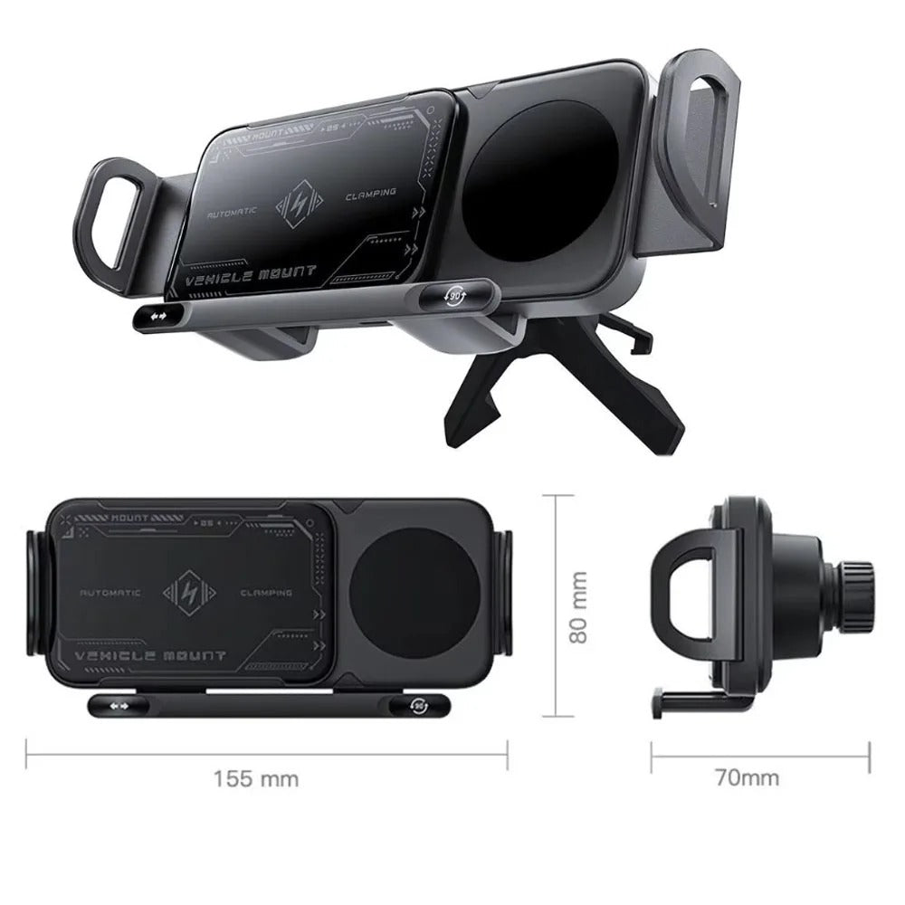 2-in-1 Magnetic Car Phone Holder with Wireless Fast Charging – Auto-Rotating Air Vent Mount for Smartphones & Tablets - Delicate Leather