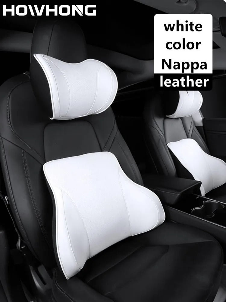 Nappa Leather Memory Foam Headrest & Lumbar Pillow - Neck and Back Support for Tesla Model 3/Y/X/S - Delicate Leather