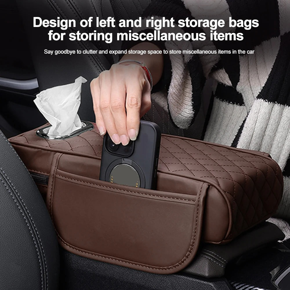 Car Armrest Pad with Tissue Box & Side Storage – Leather Console Protector - Delicate Leather