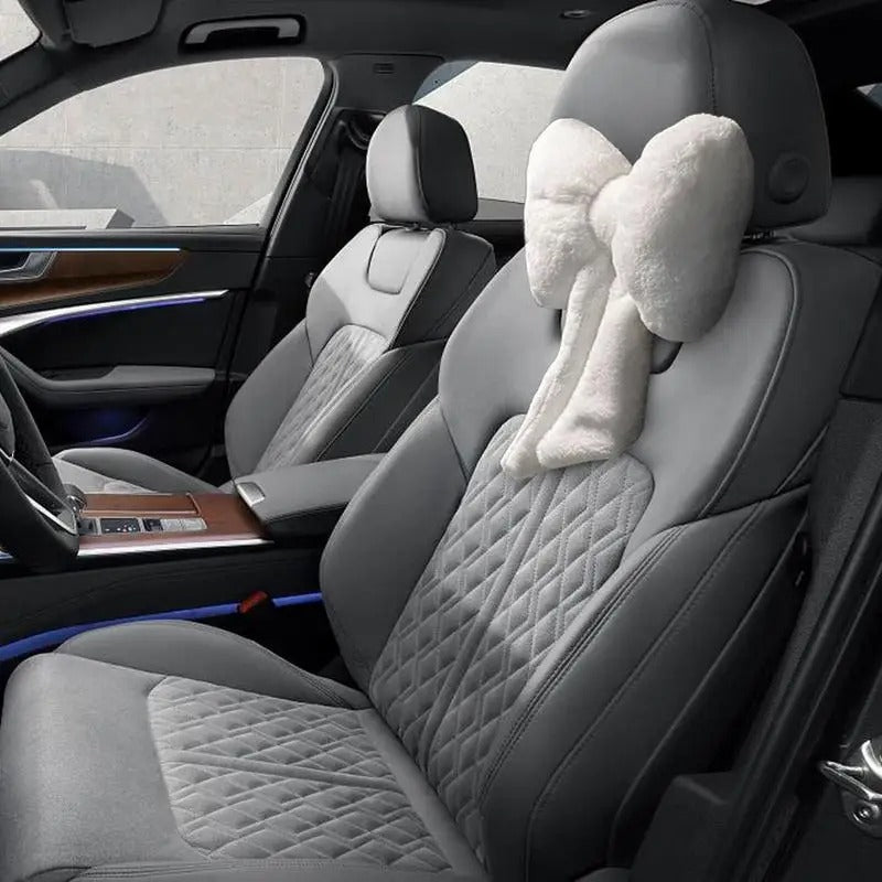 Plush Bowknot Car Headrest Pillow – Soft Neck & Lumbar Support Cushion - Delicate Leather