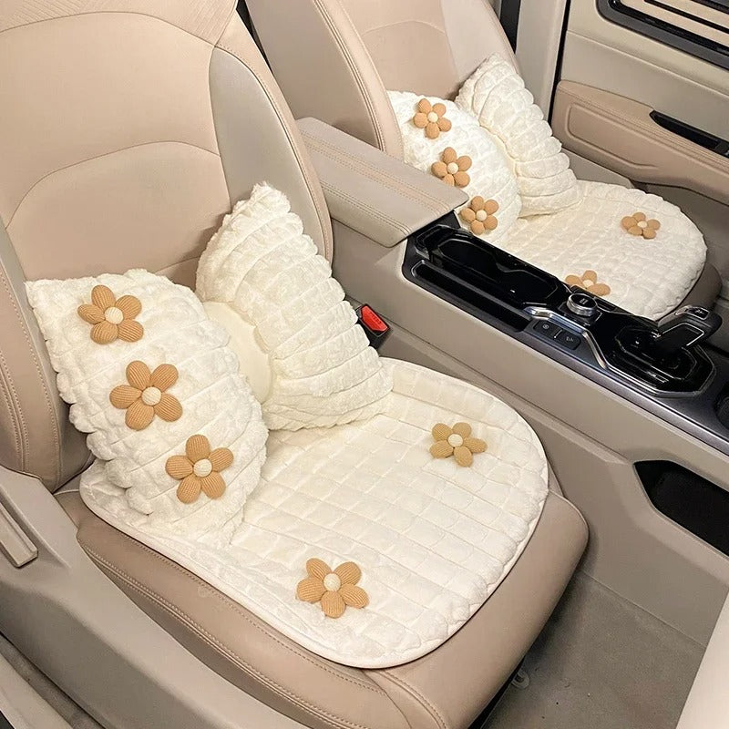 Cartoon Flower Winter Plush Car Seat Cushion Cover - Universal Fit for Five-Seat Cars - Delicate Leather