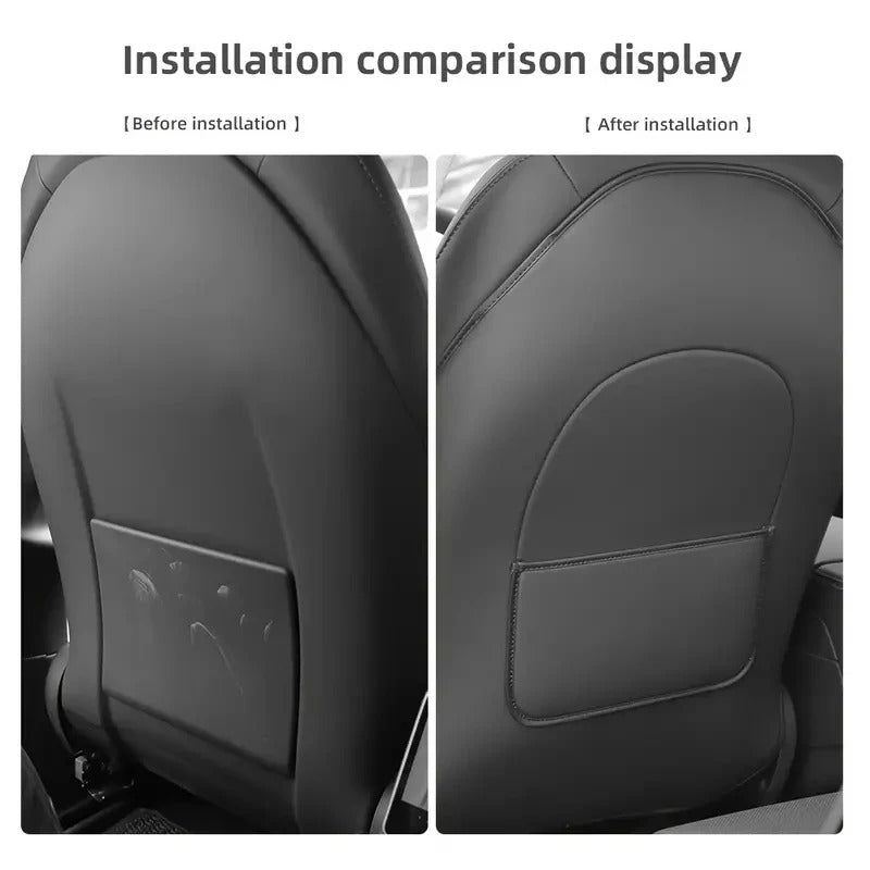Tesla Model 3/Y Seat Back Protector – Leather Anti-Kick Pad with Storage - Delicate Leather