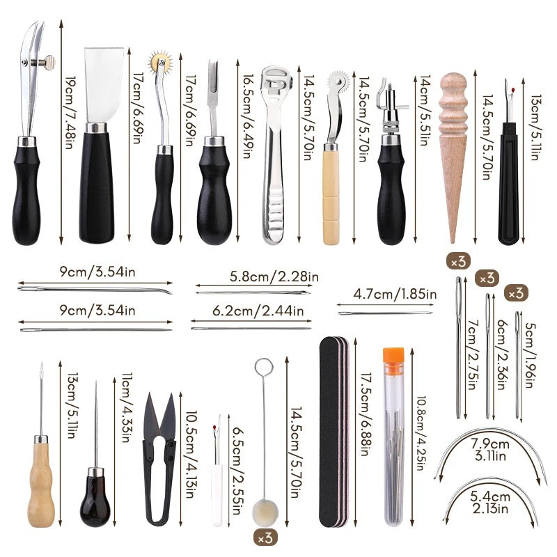 Complete Leather Craft Tool Kit - Hand Sewing, Stitching Punch, Wax Thread, Carving Groover & Repair DIY Set - Delicate Leather