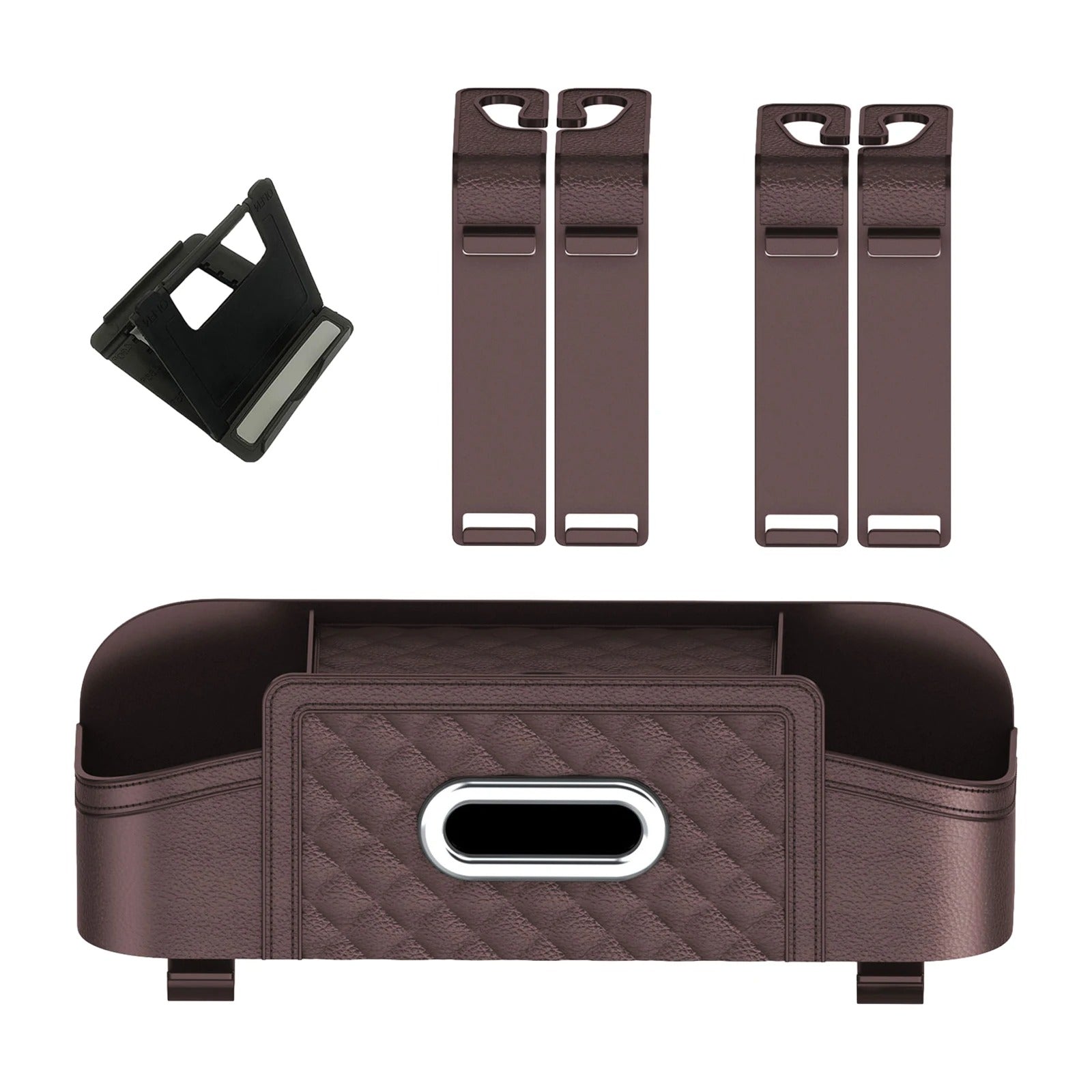 Car Backseat Organizer with Hooks - Interior Storage Box for Drink, Cup, Tissue Holder, and Travel Accessories - Delicate Leather