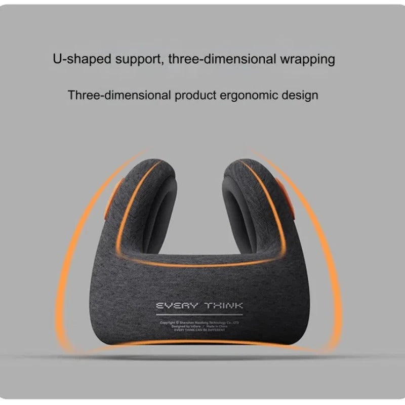 Patented Memory Foam Travel Pillow with Noise-Canceling Earmuffs – 360° Neck Support for Planes, Cars, Office - Delicate Leather