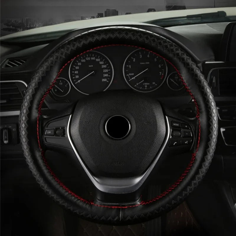 Genuine Leather Embossed Braiding Steering Wheel Cover - Hand-Stitched Anti-Slip Car Decoration Accessory