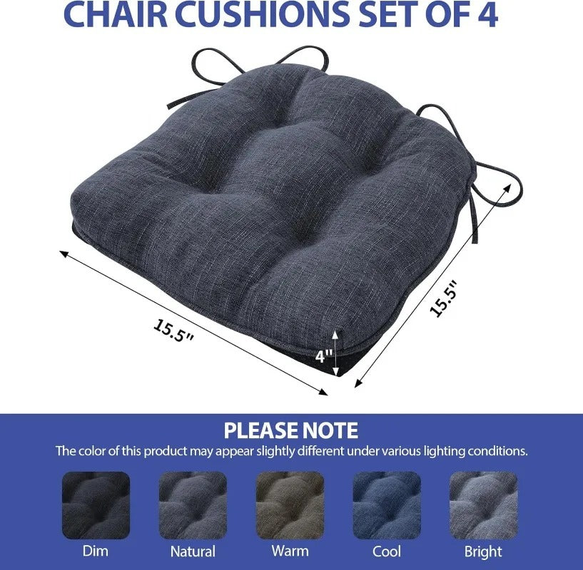 Set of 4 Tufted Memory Foam Chair Cushions – Non-Slip Dining Chair Pads with Ties - Delicate Leather