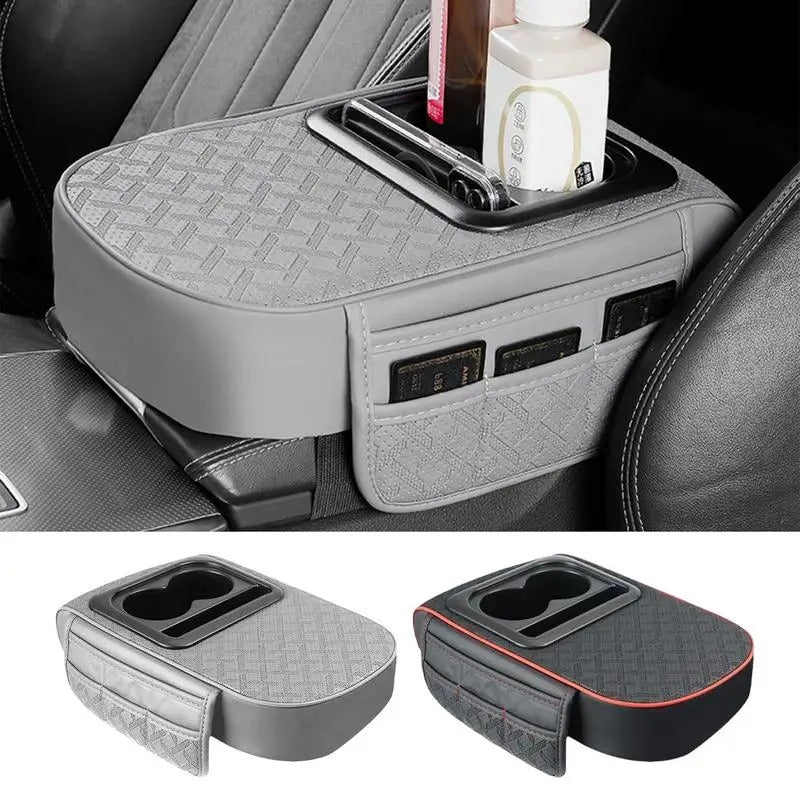 Multi-Functional Car Armrest Cover with Cup Holder – Center Console Cushion with Storage - Delicate Leather