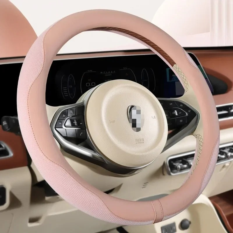 Leather Steering Wheel Cover with Breathable Ice Silk Mesh – Universal Fit for 14.5"-15" Steering Wheels - Delicate Leather