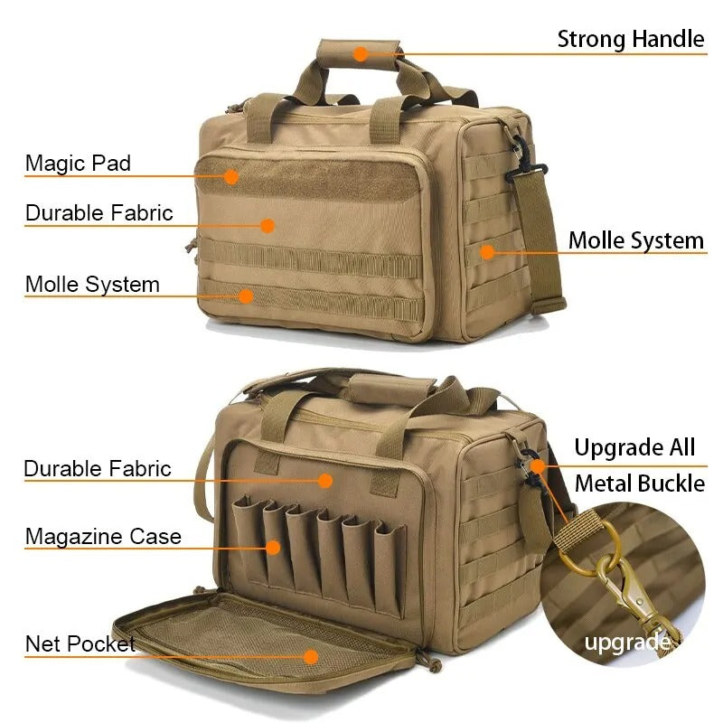 Tactical Gun Range Storage Bag – Durable Nylon Hunting Accessory with MOLLE System and Ample Storage - Delicate Leather