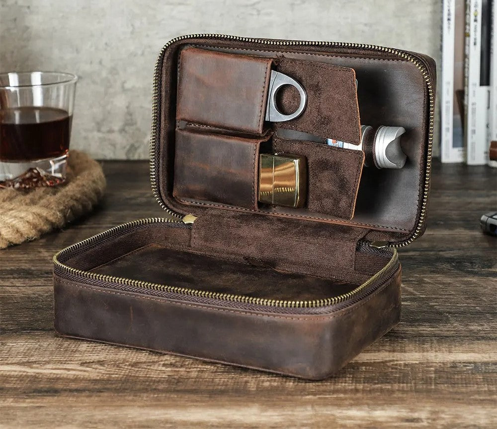 Genuine Leather Cigar Travel Case Holder – Portable Lighter & Cutter Pocket Humidor Gift Set