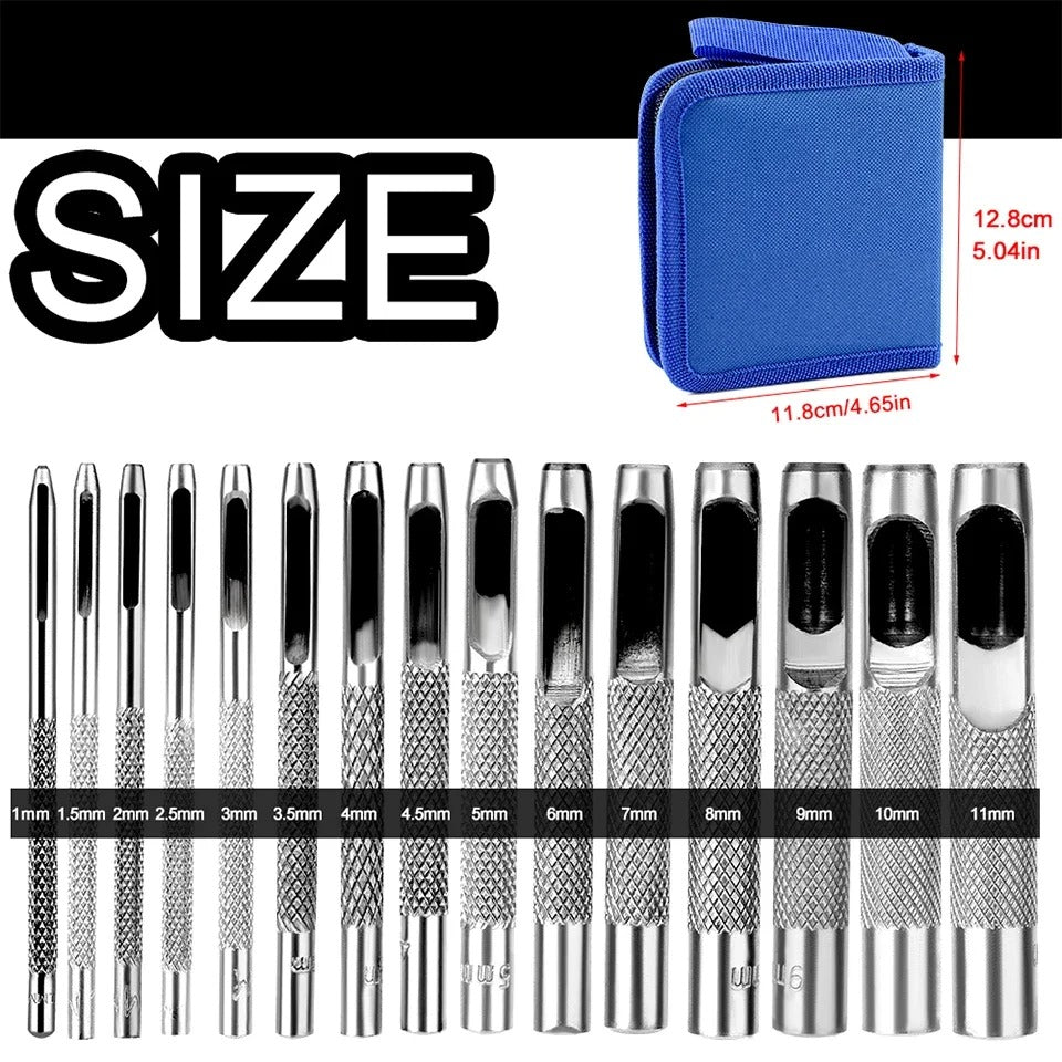 15-Piece Leather Hole Puncher Kit (1mm-11mm) with Storage Bag - Perfect for Leather Craft and DIY Projects