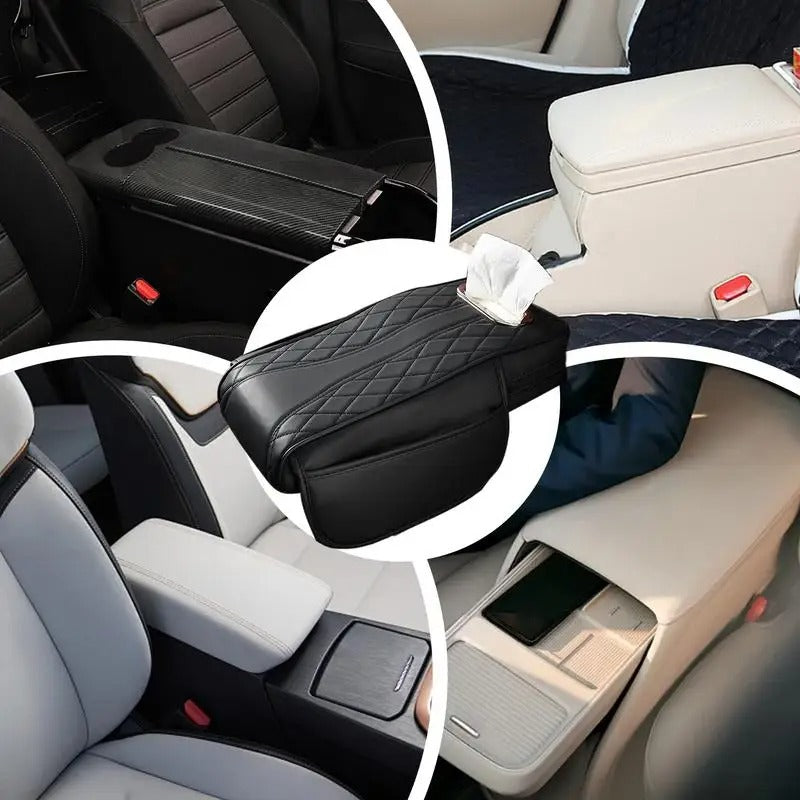 Comfortable Car Armrest Cover with Tissue Box Holder – Multi-Functional Center Console Storage for SUVs and Cars - Delicate Leather