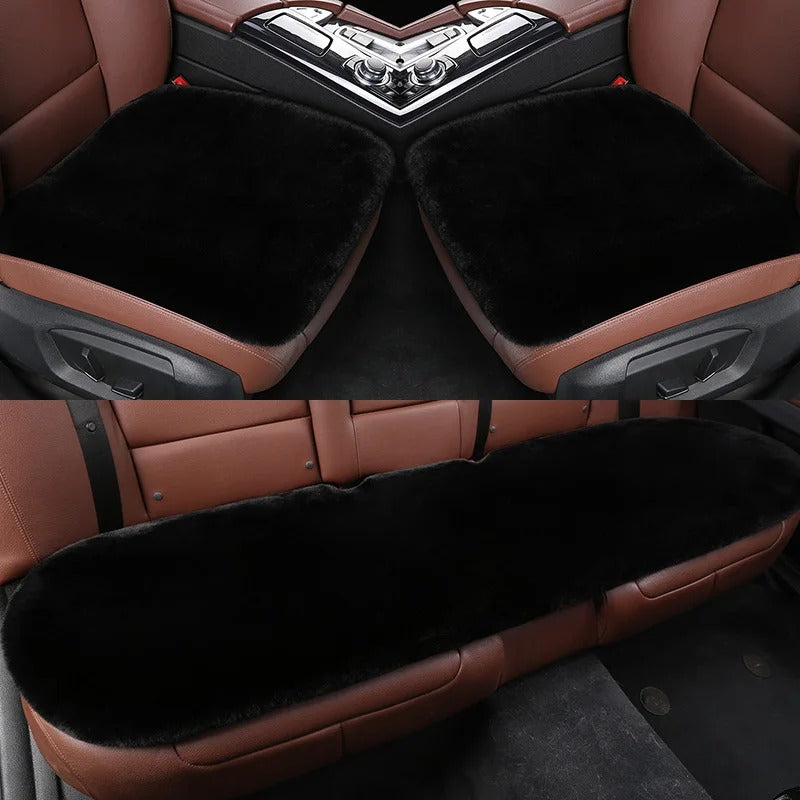 Winter Warm Plush Car Seat Cover Set - Fluffy Faux Rabbit Fur for 5-Seat Cars - Delicate Leather