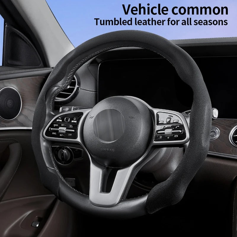 Ultra-Thin Suede Steering Wheel Cover – Sweat-Absorbing & Anti-Slip Handlebar Grip - Delicate Leather