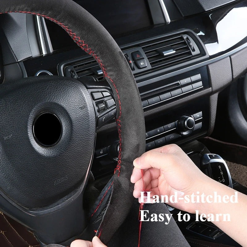 Suede Leather Braided Car Steering Wheel Cover – Universal 38cm DIY Hand-Stitched Handle Cover for All-Season Comfort and Style - Delicate Leather