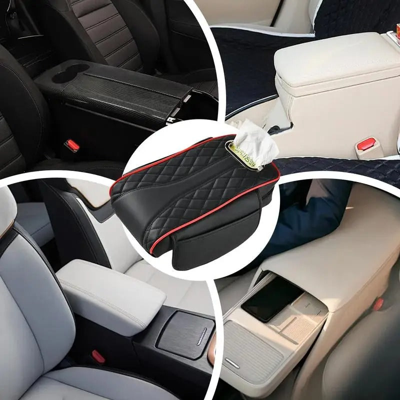 Comfortable Car Armrest Cover with Tissue Box Holder – Multi-Functional Center Console Storage for SUVs and Cars - Delicate Leather