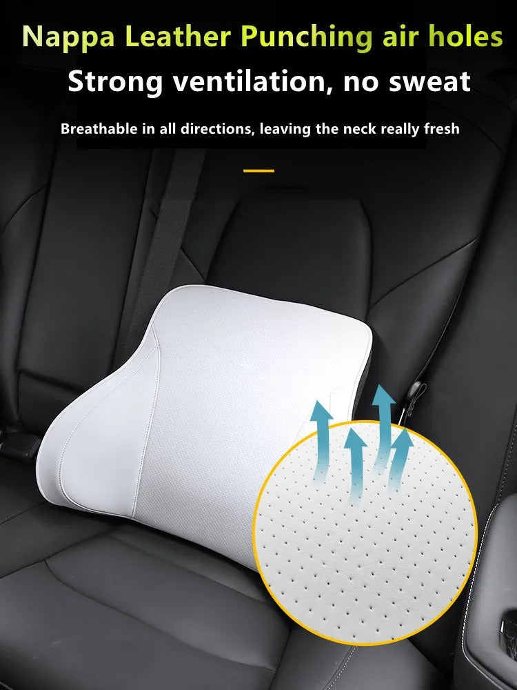 Nappa Leather Memory Foam Headrest & Lumbar Pillow - Neck and Back Support for Tesla Model 3/Y/X/S - Delicate Leather