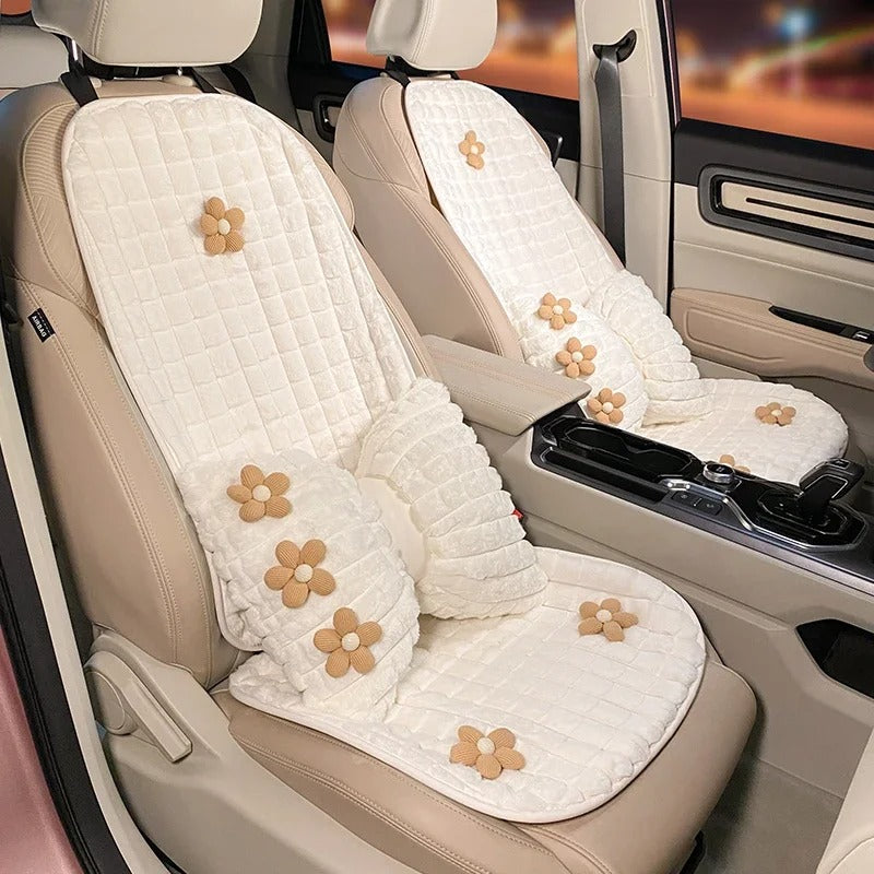 Cartoon Flower Winter Plush Car Seat Cushion Cover - Universal Fit for Five-Seat Cars - Delicate Leather