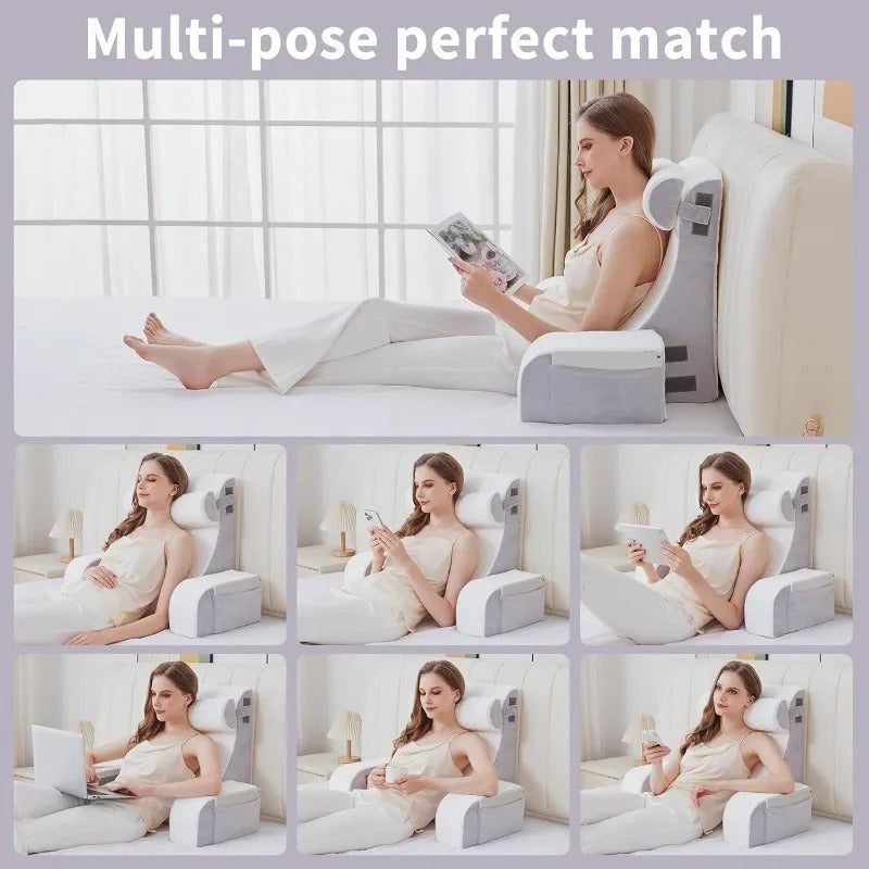 4PCS Memory Foam Reading Pillow – Back Support with Armrests for Bed & Gaming - Delicate Leather