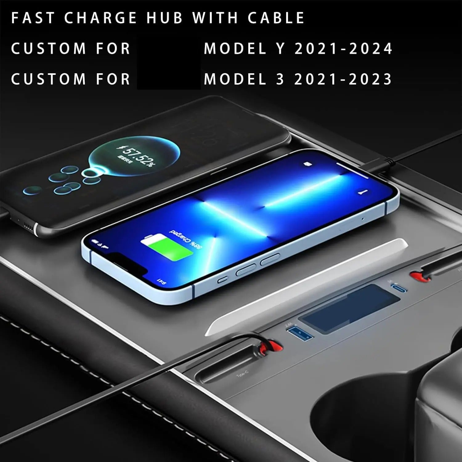 USB Hub and Fast Charger for Tesla Model Y and Model 3 (2021-2024)