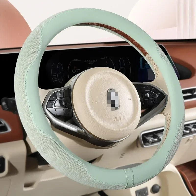 Leather Steering Wheel Cover with Breathable Ice Silk Mesh – Universal Fit for 14.5"-15" Steering Wheels - Delicate Leather