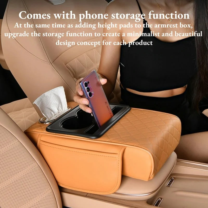 Thick Car Center Console Armrest Cushion with Tissue Box, Cup Holder, and Side Extension – Portable Car Pillow Armrest Pad