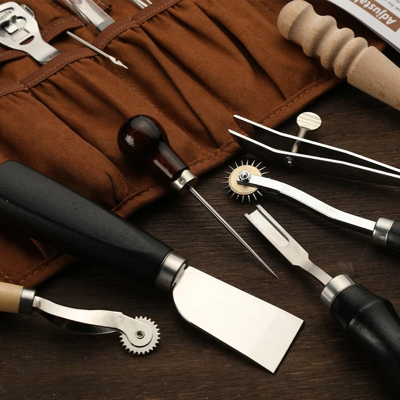 Complete Leather Craft Tool Kit - Hand Sewing, Stitching Punch, Wax Thread, Carving Groover & Repair DIY Set - Delicate Leather