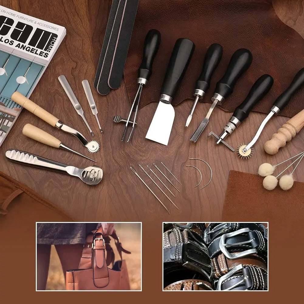 37-Piece Leather Craft Tools Kit – Edge Skiver, Sewing, and Cutting Tools for Beginners - Delicate Leather