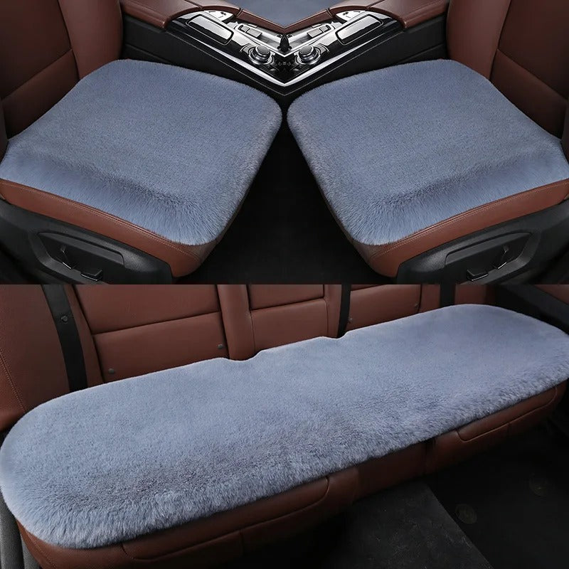 Winter Warm Plush Car Seat Cover Set - Fluffy Faux Rabbit Fur for 5-Seat Cars - Delicate Leather