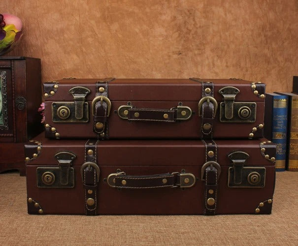 European Retro Wooden Storage Box – Vintage Suitcase for Home Decor and Window Displays - Delicate Leather