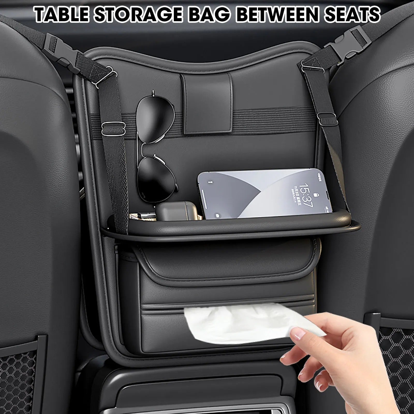 Car Handbag Holder – 3-IN-1 Mesh Organizer Net for Purse, Book, Phone, and Tissue Storage - Delicate Leather