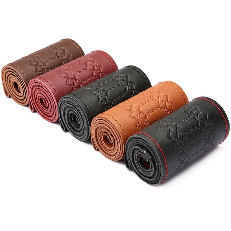 Genuine Leather Embossed Braiding Steering Wheel Cover - Hand-Stitched Anti-Slip Car Decoration Accessory
