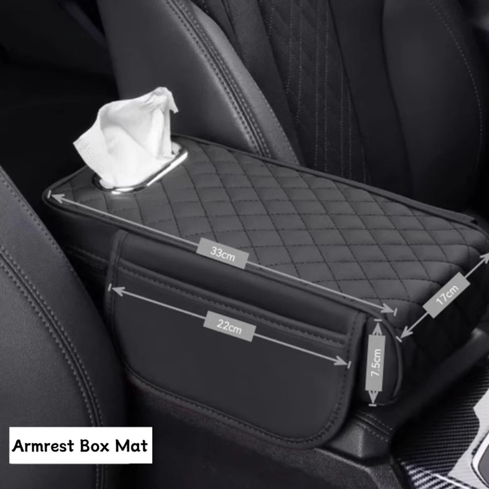 Car Armrest Pad with Tissue Box & Side Storage – Leather Console Protector - Delicate Leather