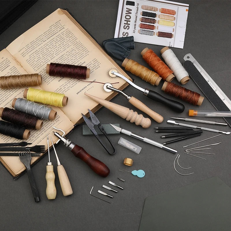 Leather Craft Working Tools Kit - Comprehensive Stitching & Sewing Repair Set for Beginners & Professionals - Delicate Leather