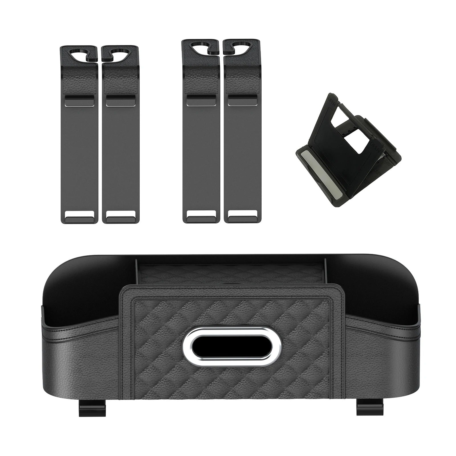 Car Backseat Organizer with Hooks - Interior Storage Box for Drink, Cup, Tissue Holder, and Travel Accessories - Delicate Leather