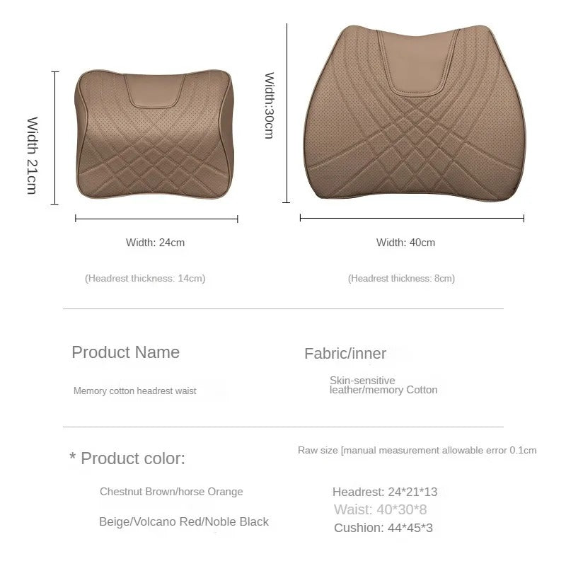 Leather Car Headrest & Lumbar Pillow Set – Memory Foam Neck and Waist Support - Delicate Leather