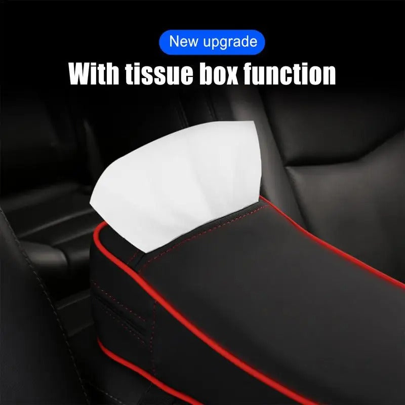 Car Armrest Cushion with Tissue Box – Center Console Pad for Comfort and Convenience - Delicate Leather