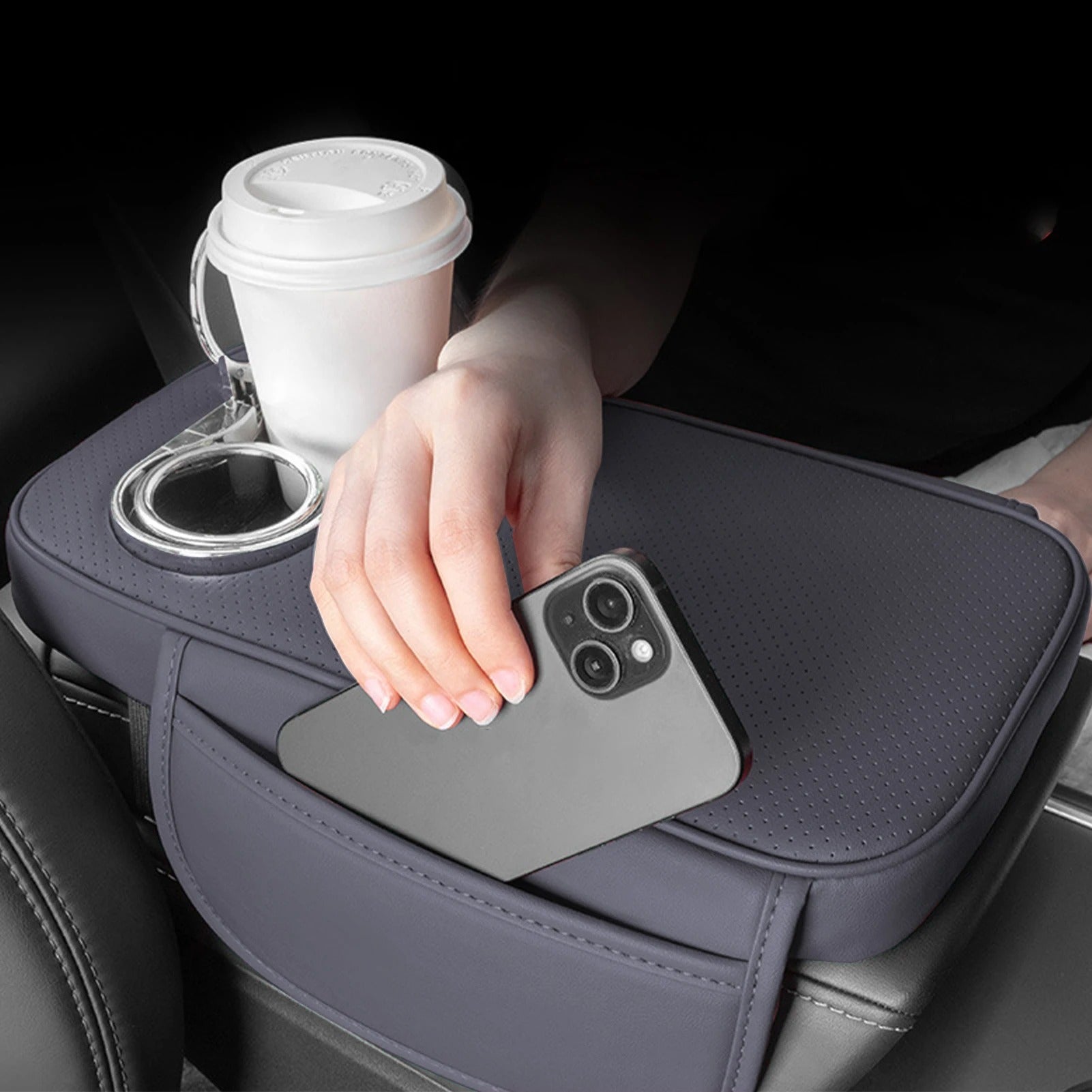 Car Armrest Cushion with 2 Cup Holders and Side Pockets – PU Leather Center Console Pad - Delicate Leather