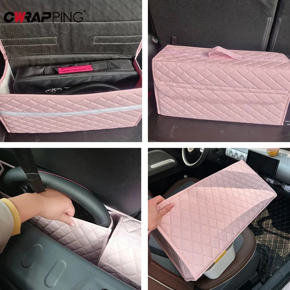 Pink Car Trunk Organizer Box – Large Foldable Cargo Storage for Car Accessories - Delicate Leather