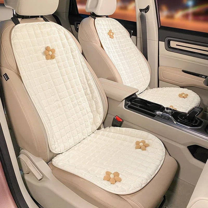 Cartoon Flower Winter Plush Car Seat Cushion Cover - Universal Fit for Five-Seat Cars - Delicate Leather
