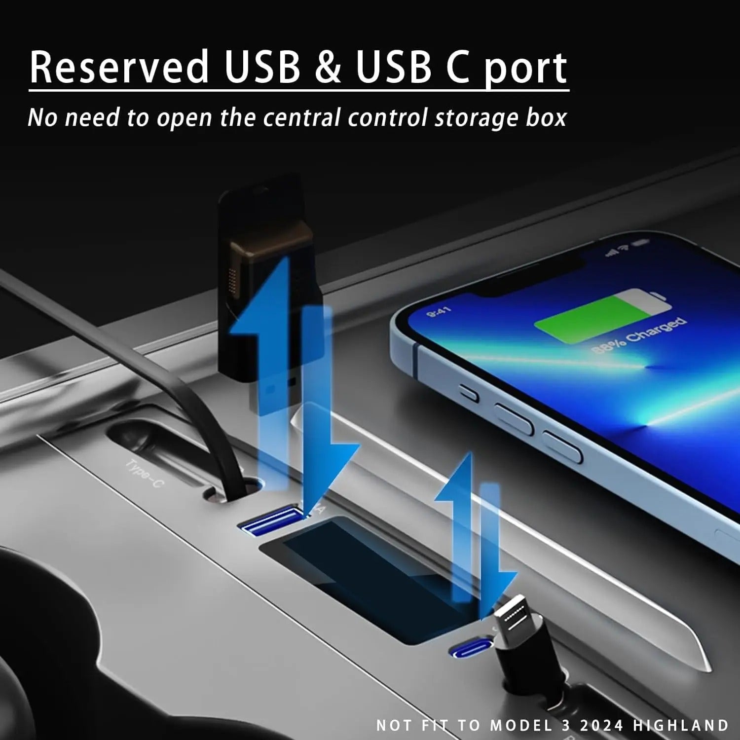 USB Hub and Fast Charger for Tesla Model Y and Model 3 (2021-2024) - Delicate Leather