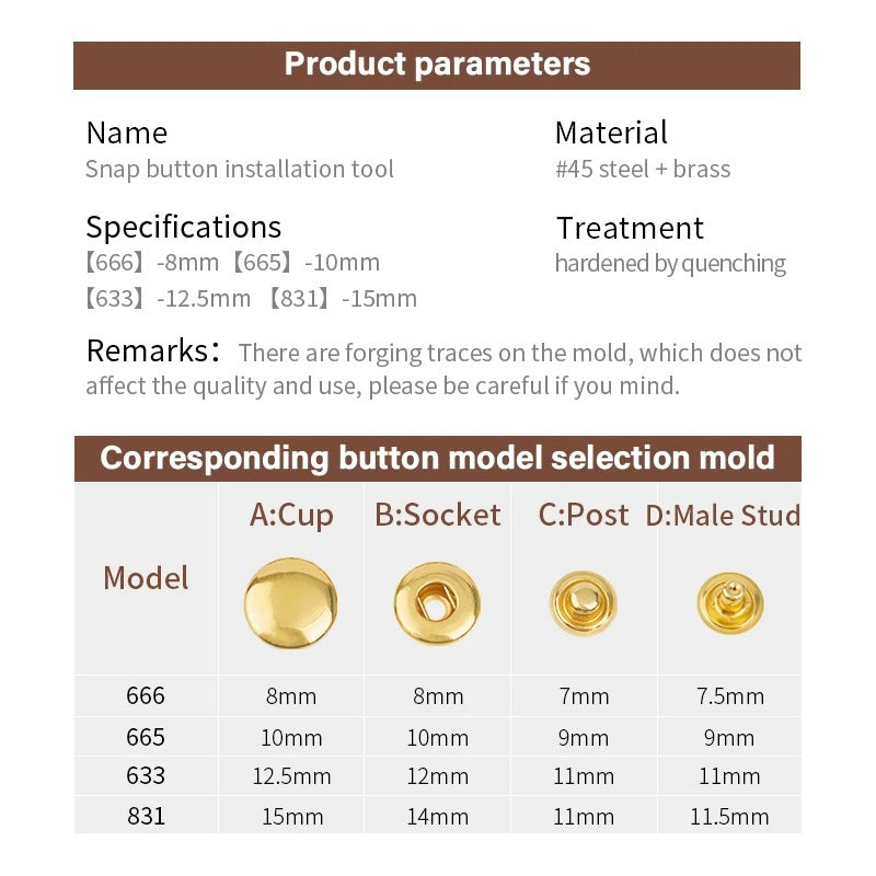 Professional Snap Button Setter Tool Kit – Precision Mold Die Tools for Snap Fastener Installation (8/10/12.5/15mm) - Delicate Leather