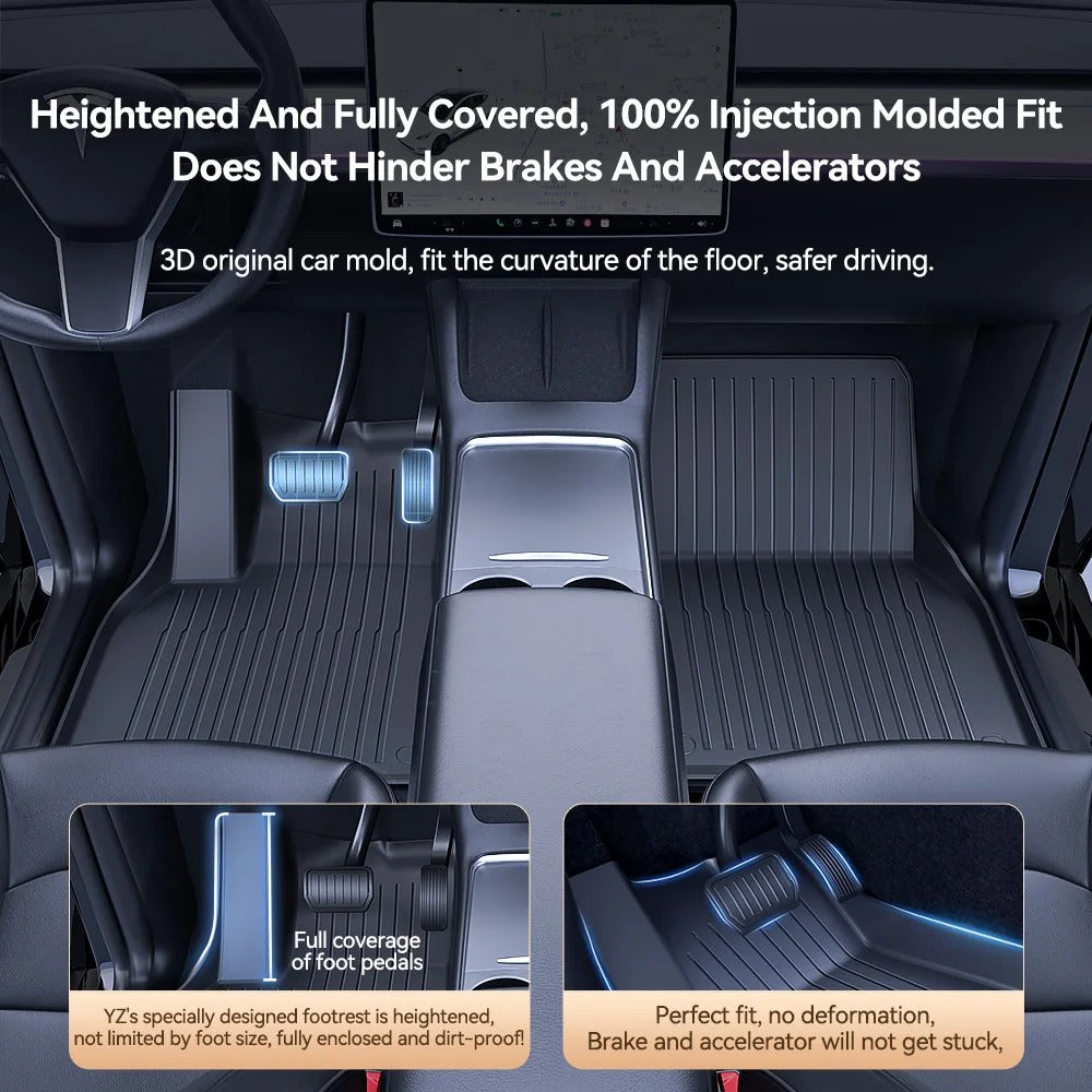 TPE Car Floor Mats & Luggage Mat Set for Tesla Model 3 Highland/Model Y (2019-2024) - Four Seasons Waterproof Anti-Slip Trunk Mat - Delicate Leather