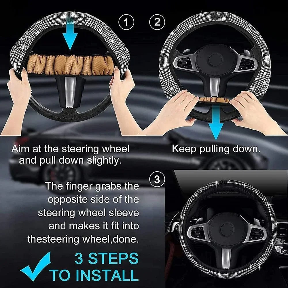 Pack 2 Crystal Car Steering Wheel Cover For Women Girls Cute Glitter Steer Wheel Cover Bling Rhinestone Diamond Car Steering Charm Protection, Car Steering Wheel Cover, Car Accessories 04