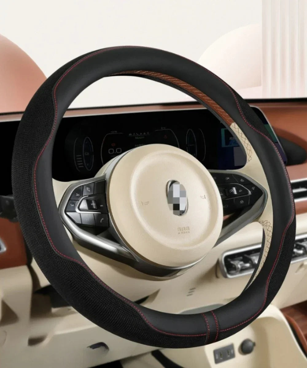 Leather Steering Wheel Cover with Breathable Ice Silk Mesh – Universal Fit for 14.5"-15" Steering Wheels - Delicate Leather