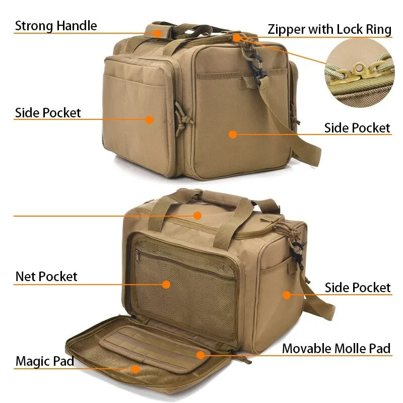 Tactical Gun Range Storage Bag – Durable Nylon Hunting Accessory with MOLLE System and Ample Storage - Delicate Leather