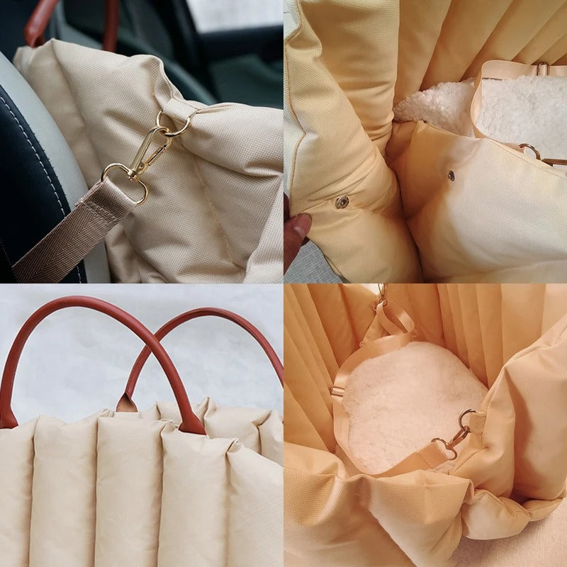 Safety Dog Car Carrier Handbag Seat - Portable Puppy Tote for Small Dogs & Cats - Delicate Leather